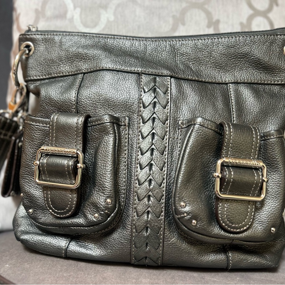 Tignanello Gun Metal Silver Leather Messenger Bag